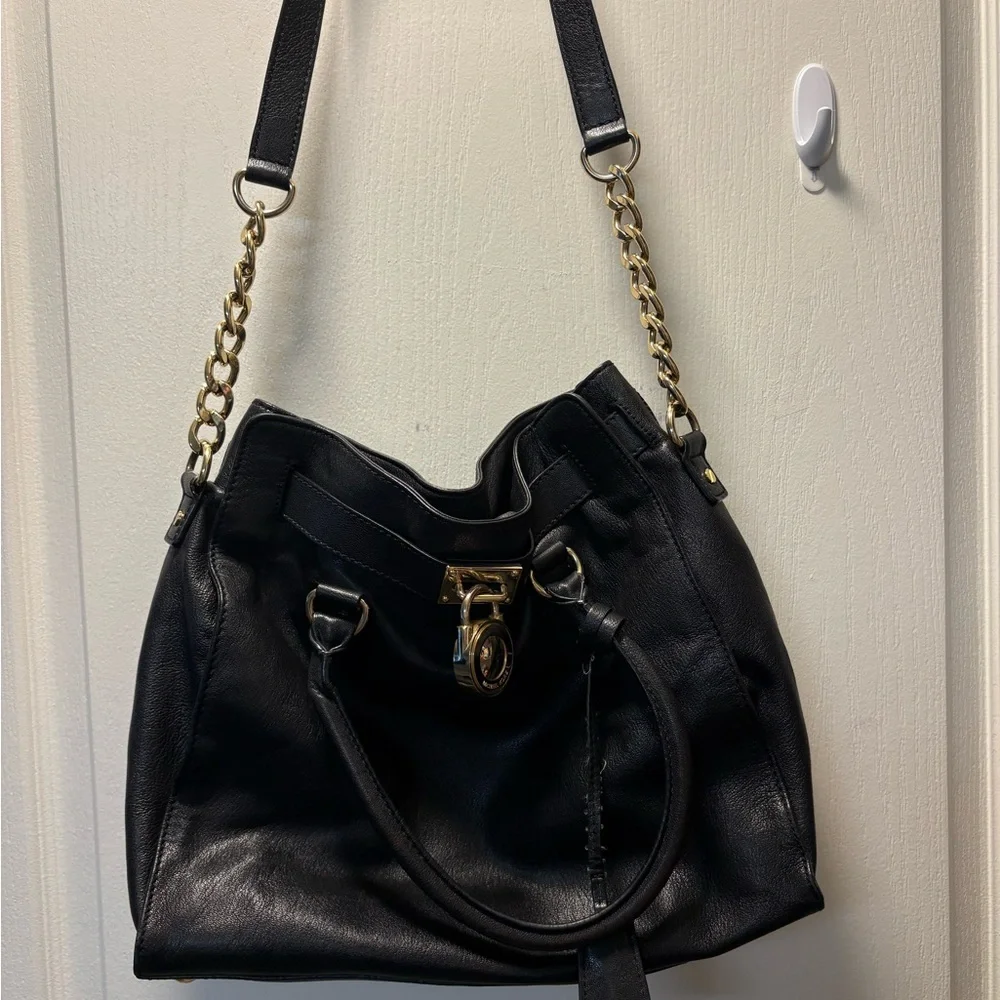 Michael Kors Black Leather Tote with Gold Chain Detail - Picture 5 of 7